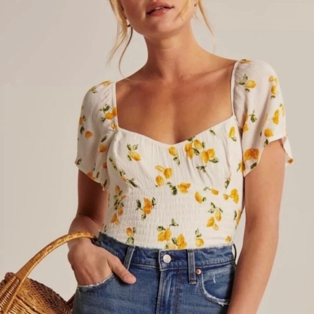 A&F Lemon Print Ruched Smocked Short Sleeve Blouse Top